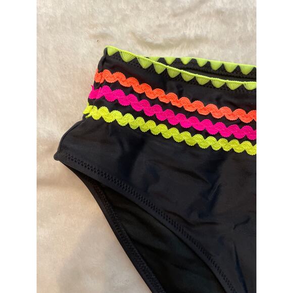 NWT POPVIL High Waisted Cut Cheeky Two Piece Swimsuit Medium Black Neon Shell - Picture 5 of 14